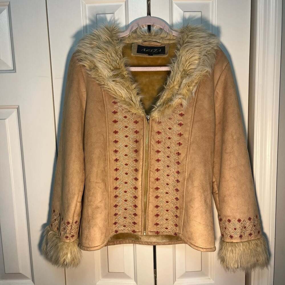 Vintage Y2K Aziza Tan Faux Suede Embroidered Faux Fur Coat Size Medium